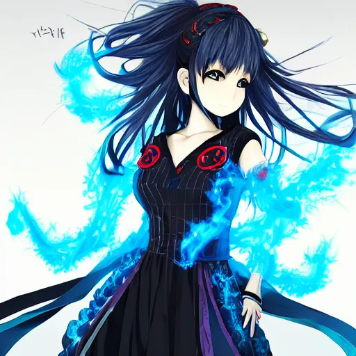 Prompt: a teenage anime girl wearing a very high detailed dress made out of blue fire , full body, very long black/red hair, one yellow and one blue eye, intense stare, cinematic lighting, medium shot, MCU, trending on artstation, CSP, Photoshop, WLOP, Rossdraws, James Jean, Andrei Riabovitchev, Marc Simonetti, Anastasia Ovchinnikova and Sakimichan