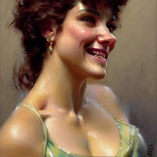 Prompt: a portrait of a pitbull woman hybrid smiling at the viewer. highly detailed painting by gaston bussiere, craig mullins, j. c. leyendecker 8 k