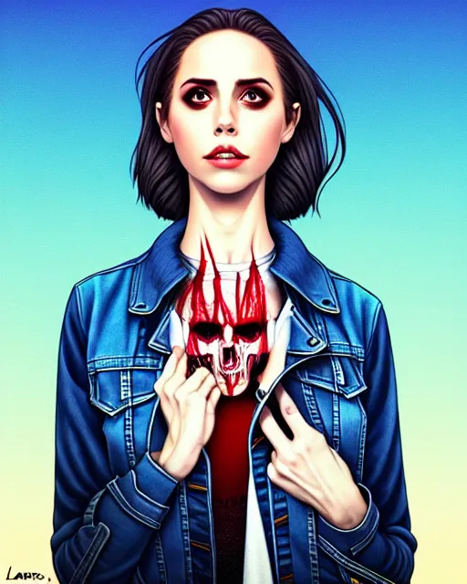 Image similar to loish, artgerm, Joshua Middleton art, Rafeal Albuquerque, pretty Alison Brie serial killer holding bloody knife in right hand realistic hand, blood on clothes and face, sarcastic smile, symmetrical eyes, symmetrical face, jean jacket, jeans, short blonde hair, middle shot, night time, deep blacks