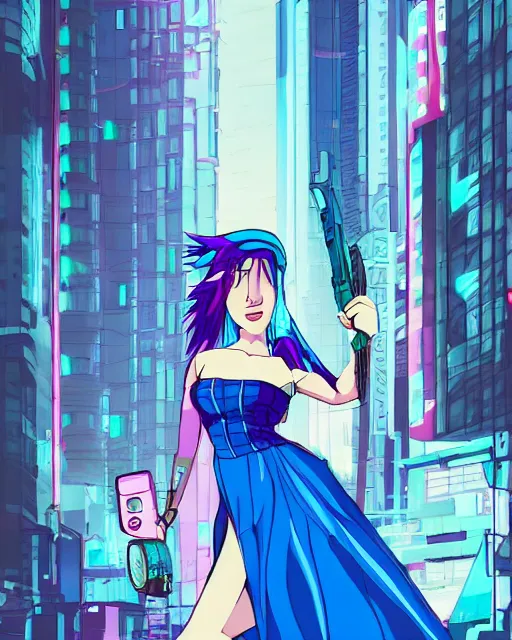 Image similar to cel shaded art of a pretty blue haired girl wearing a dress, cyberpunk city street background