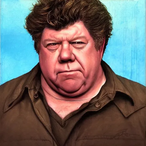 Prompt: amazing artgerm portrait of george wendt as a preraphaelite painting, collaboration with j. scott campbell and artgerm with edward burn jones