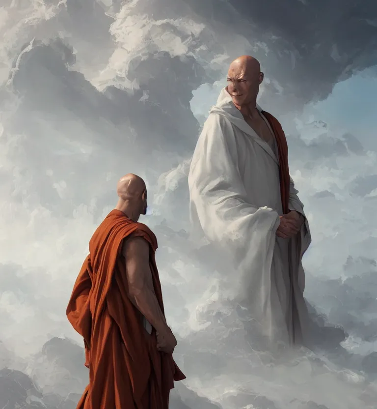 Image similar to symmetric painting of a bald tall tan man with elongated ears wearing a flowing robe overlooking the earth, nature, eyes closed, greg rutkowski, lacoste, raphael, ruan jia, trending on artstation, detailed digital art