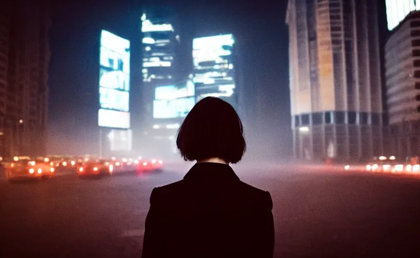 Image similar to a wide shot of a woman with a wool suit, very short hair, blurred face, wearing an omega speedmaster on her wrist in front of a crowded dystopian city full of people walking at night with fog and cyberpunk lights