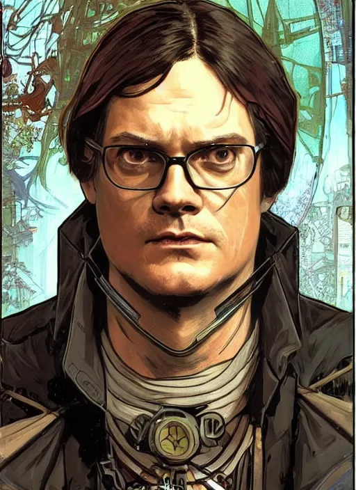 Image similar to cyberpunk dwight schrute. portrait by ashley wood and alphonse mucha and laurie greasley and josan gonzalez and james gurney. spliner cell, apex legends, rb 6 s, hl 2, d & d, cyberpunk 2 0 7 7. realistic face. vivid color. dystopian setting.