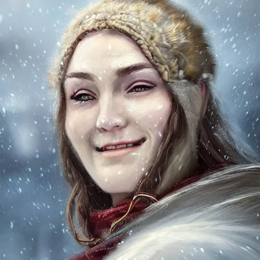 Image similar to epic portrait An viking woman smiling in blizzardy winter, beauty, pretty face, glossy skin, beautiful eyelashes, red long flowing hair, blurry backround, digital painting, artstation, concept art, soft light, hdri, smooth, sharp focus, illustration, fantasy, intricate, elegant, highly detailed, D&D, matte painting, in the style of Greg Rutkowski and Alphonse Mucha and artemisia, 8k, highly detailed, jurgens, rutkowski, bouguereau, pastoral, rustic, georgic