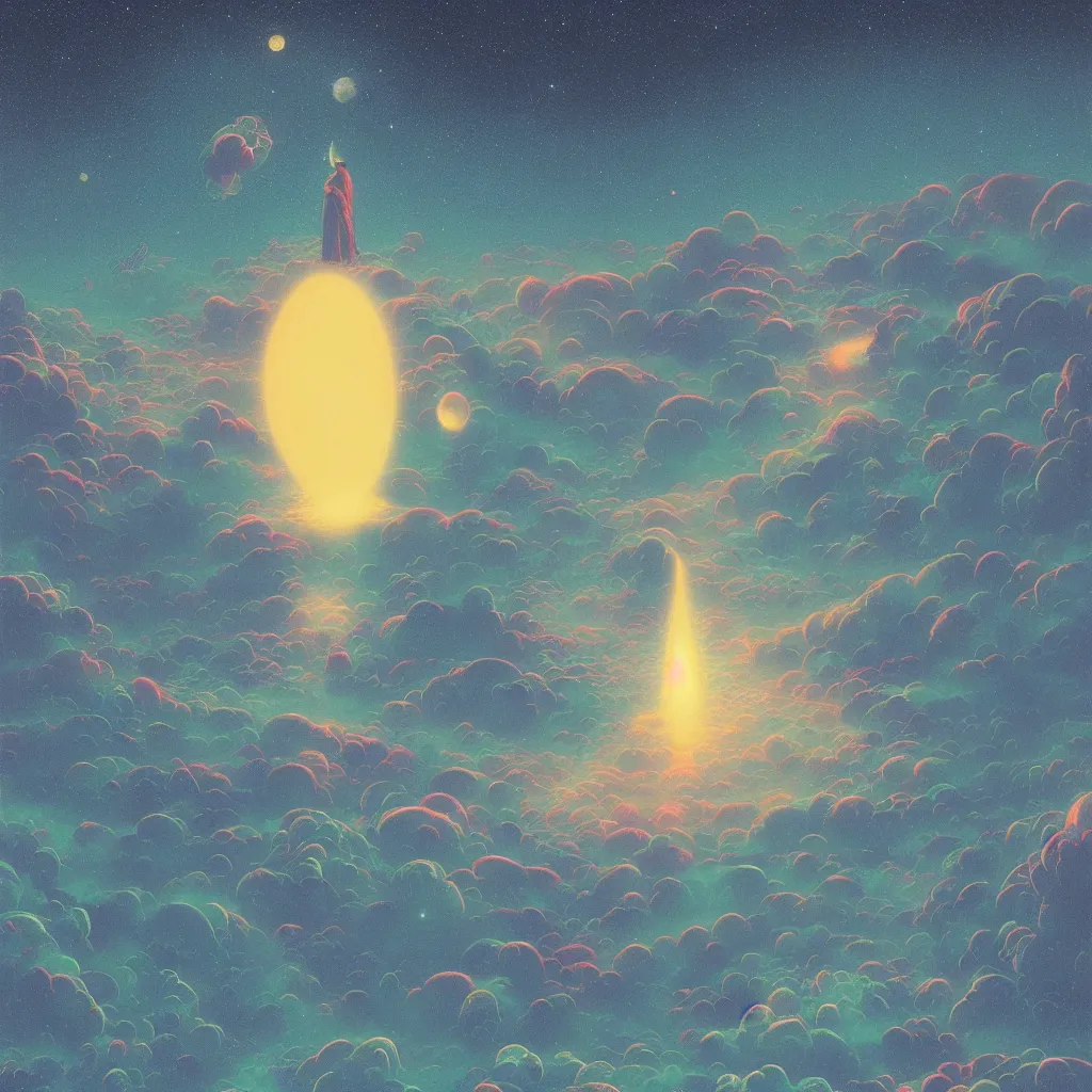 Image similar to a scifi multiverse scene in space of a spiritual being dreaming psychedelic hallucinations in cosmos, by kawase hasui, moebius, Edward Hopper and James Gilleard, Zdzislaw Beksinski, Steven Outram colorful flat surreal design, hd, 8k, artstation