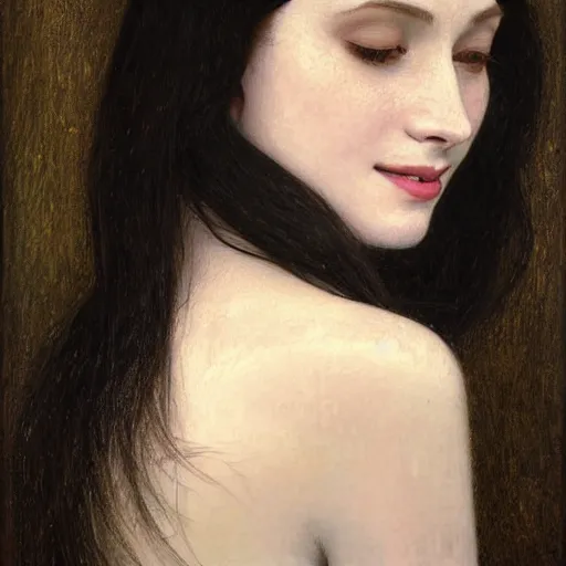 Prompt: Portrait of a beautiful, pale skin, female with long black hair, dark brown eyes, smiling, elegant clothing, photorealistic, highly detailed oil painting, artstation, smooth, sharp focus, art by Klimt, artgerm, Greg Rutkowski and Alphonse Mucha, natural light, Adobe Lightroom, photolab, Affinity Photo, PhotoDirector 365, artstation