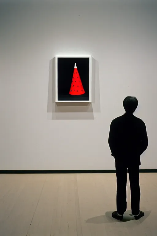 Prompt: man wearing a red cone seen from behind standing in an empty gallery contemplating over a frame hanging at the opposite wall, photo taken with provia 1967
