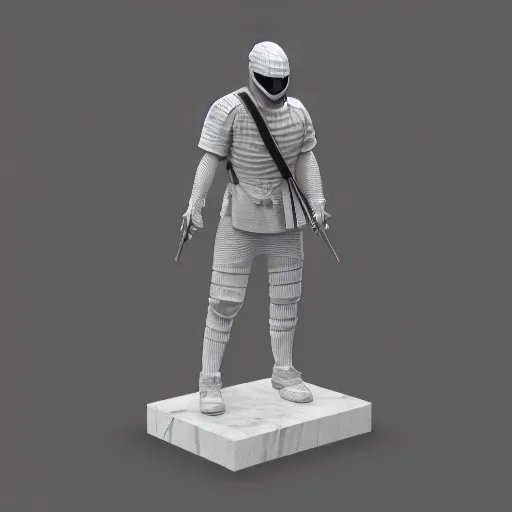 Image similar to focused 3 d rendering of marble and chrome statue of ninja wearing full face mask and hunter hat, no pose, combat suit, technological, octane render