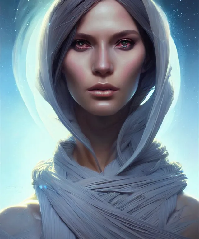 Image similar to futuristic woman portrait, sci-fi, amber eyes, face, long hair, fantasy, intricate, elegant, highly detailed, digital painting, artstation, concept art, smooth, sharp focus, illustration, art by artgerm and greg rutkowski and alphonse mucha