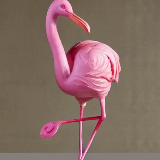 Prompt: a marble statue of a flamingo painted in a rose pink shade, close-ups, varying angles, warm lighting,