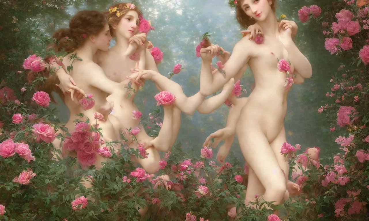 Image similar to a luminous springtime fairytale of beautiful realistic woman with a pretty face dancing with an iridescent dragon in a romantic rose garden. Neon light, masterpiece 4k digital illustration by Artgerm and William-Adolphe Bouguereau, award winning, Artstation, Gustave Dore\' background, intricate details, realistic, panoramic view, volumetric lighting, Hyperdetailed, 8k resolution, intricate art nouveau, golden hour, rendered in Unreal Engine 3