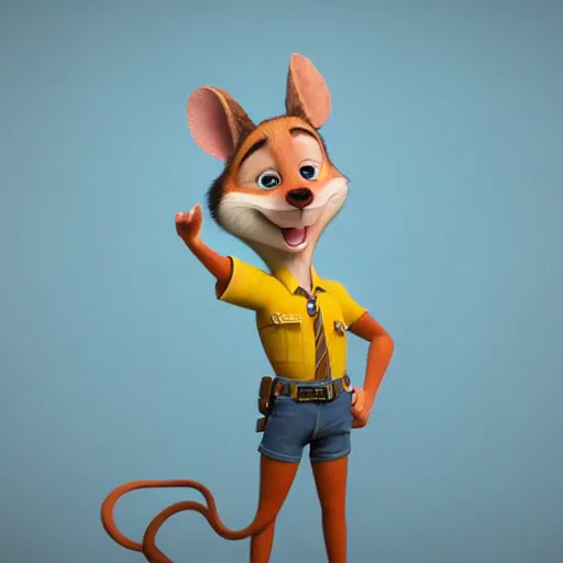 Prompt: 3 d render, portrait, mid shot, disney prince as a anthropomorphic mouse, female, blond fur, blue eyes, wearing denim short shorts, wearing a off yellow tank top shirt, solo, in the style of zootopia