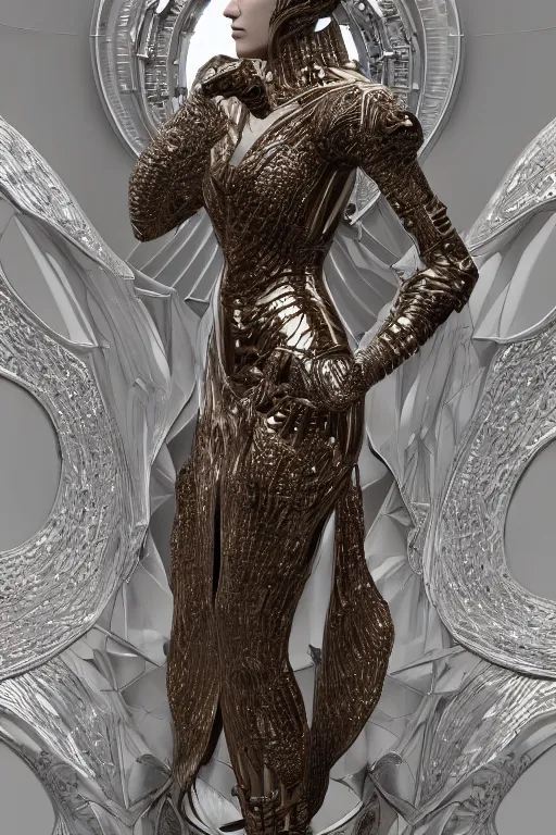 Image similar to a highly detailed medium shot 8 k render of an alien goddess jennifer connelly in iris van herpen dress schiaparelli armor in diamonds and lots of jewelry in style of alphonse mucha trending on artstation made in unreal engine 4