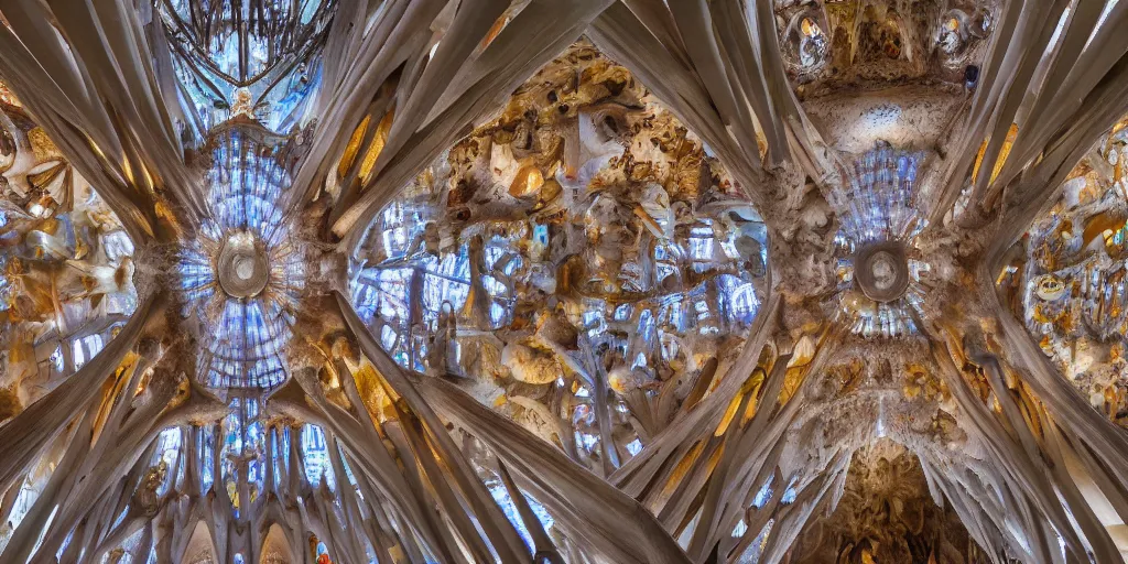 Image similar to sculpted Sagrada Familia ceiling by Antoni Gaudi, symmetrical, volumetric light