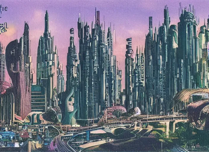 Prompt: travel postcard for a futuristic city