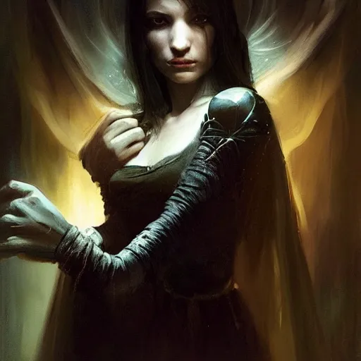 Prompt: portrait of an young, medieval sorceress in the dark, she is turned to the left side, and looking into the camera maliciously, maliciously!!!. chiaroscuro lighting, fantasy, detailed, photorealistic portrait by michael komarck, greg rutkowski, victo ngai, artgerm and j. dickenson