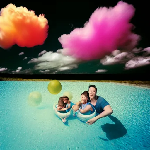 Prompt: film photography of a nuclear family in a zorb ball floating in front of colourful underwater clouds by Kim Keever, low shutter speed, 35mm