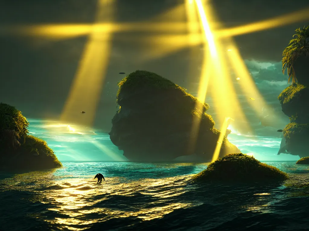 Image similar to god rays reflecting in the sea fish swimming around, dramatic lighting, cinematic, establishing shot, high detail, cinematic lighting, post processed, 8k, concept art, artstation, matte painting, in the style of eddie mendoza, raphael lacoste, alex ross