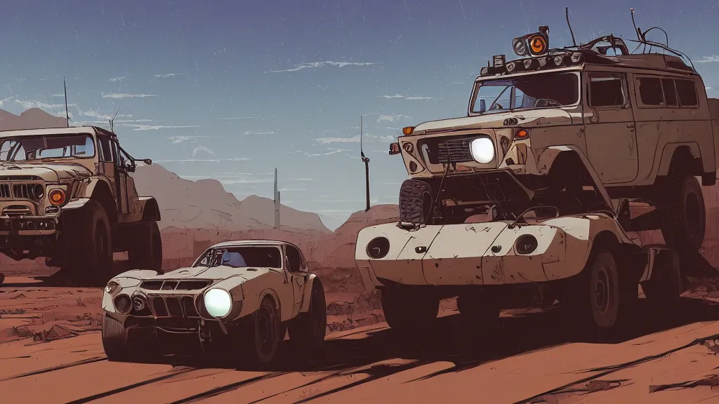 Image similar to digital illustration of mad max's fj 4 0 pursuit special, the last v 8 interceptor driving down a deserted cyberpunk highway in the middle of the day by studio ghibli, anime style year 2 0 9 3, by makoto shinkai, ilya kuvshinov, lois van baarle, rossdraws, basquiat