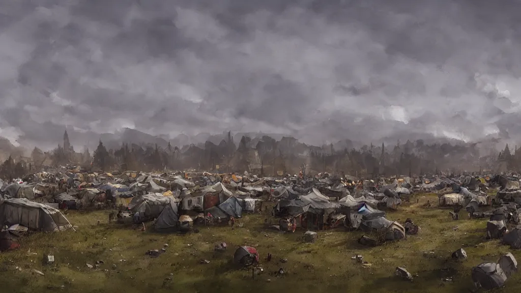 Image similar to panorama view of tents in siege camp with stone walls in background, watercolored, jakub rozalski, dark colours, dieselpunk, artstation