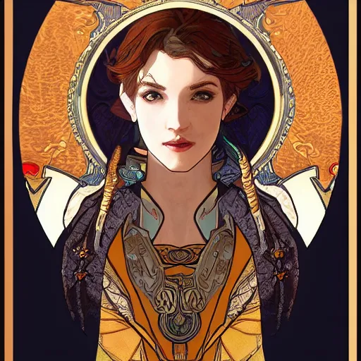 Prompt: young paladin woman, symmetrical portrait RPG avatar, by Mucha, intricate, 8k,