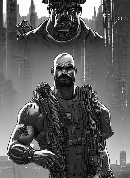 Image similar to Dumb Bubba. Buff cyberpunk meathead trying to intimidate. Large man looms. Realistic Proportions. Concept art by James Gurney and Laurie Greasley. Moody Industrial skyline. ArtstationHQ. Creative character design for cyberpunk 2077.