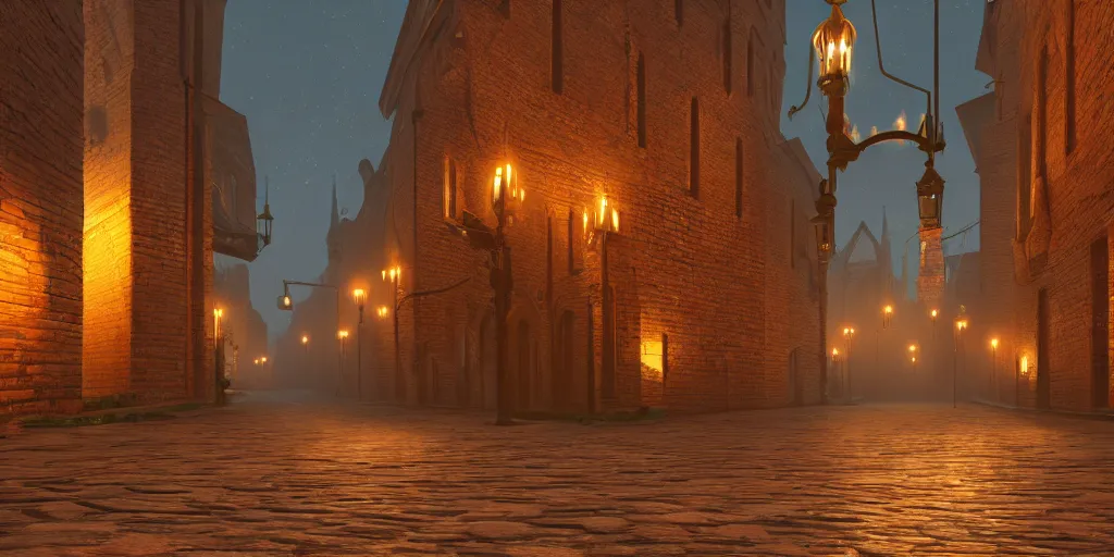 Prompt: A road made of brick lined with street lights lit by magic floating candles, skyscrapers made with highly ornate and detailed medieval architecture, Dungeons and Dragons, Wizards of the coast, long shot, volumetric lighting, trending on artstation, beautiful, narrow, realistic