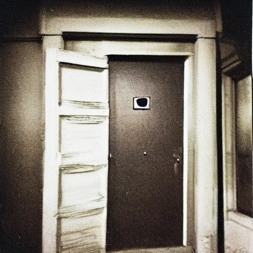 Prompt: low angle wide shot of the door, door is slightly open, the darkness behind it, with multiple white and yellow eyes glowing, eyes gleaming, eyes shining in the dark ominously, sunset, polaroid photo, by Warhol,