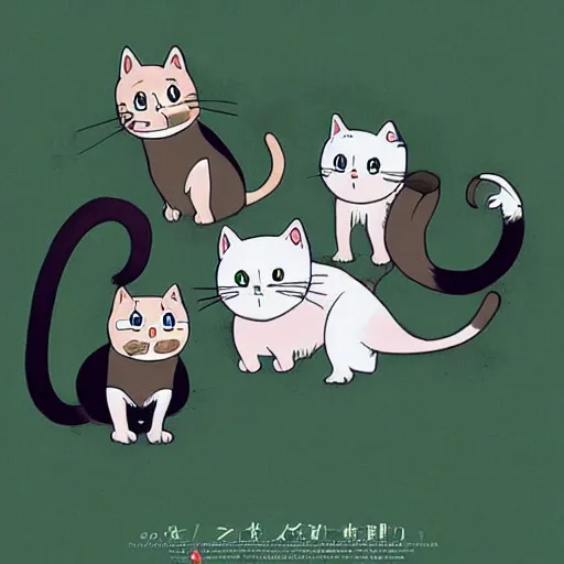 Prompt: cats created by cartoonist Hayao Miyazaki , trending on Artstation