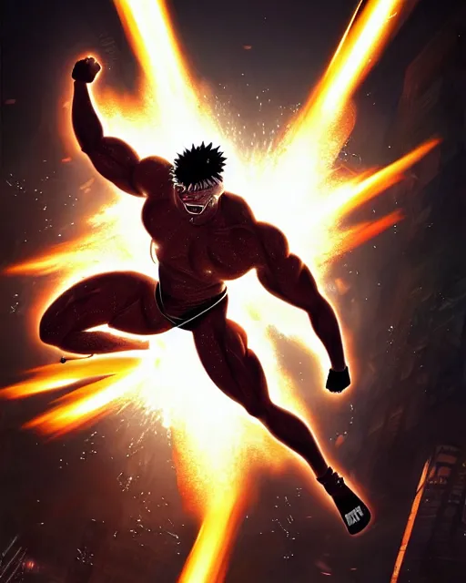 Prompt: gigachad naruto bodybuilder jumping in front of a atomic blast fighting wearing a suit in the fight club city, fantasy character portrait, ultra realistic, anime key visual, full body concept art, intricate details, highly detailed by greg rutkowski, ilya kuvshinov, gaston bussiere, craig mullins, simon bisley