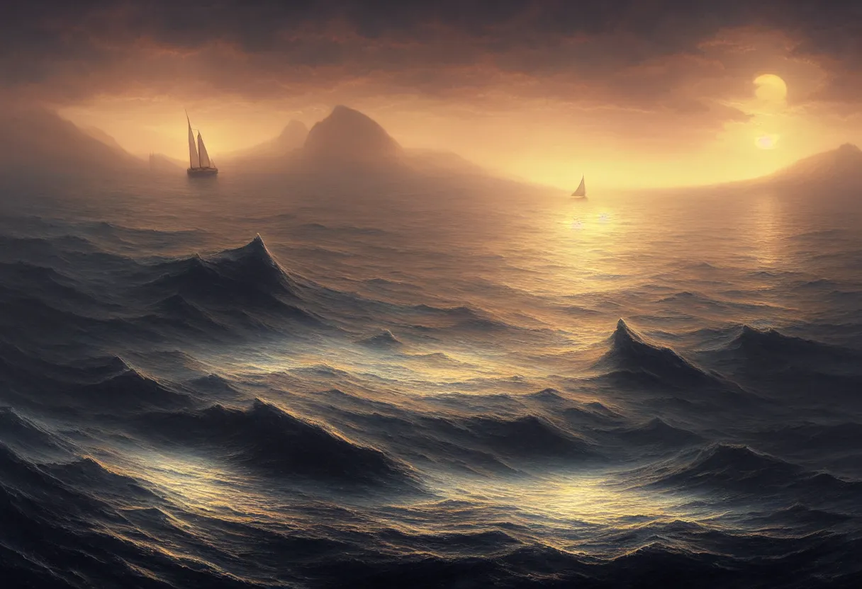 Image similar to strange sea surface of autumn planet at sunset, sailing ship on horizon, ultra high definition, ultra detailed, symmetry, fog, matte painting, by greg rutkowski and ross tran and wlop