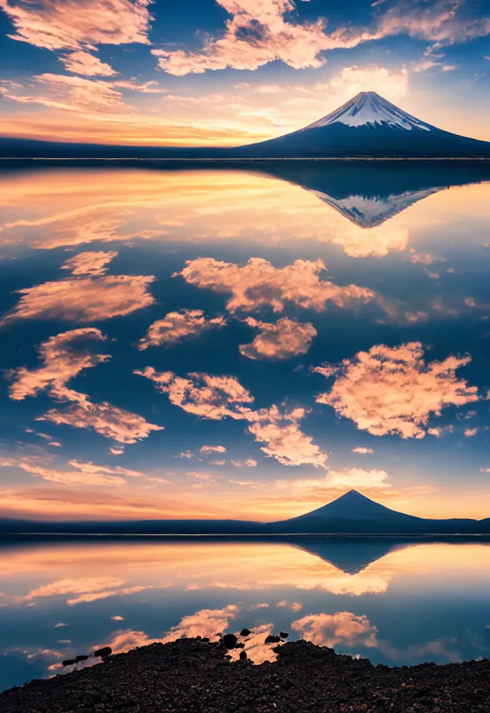 Image similar to clouds curling around mount fuji reflected on the lake surface at sunset, national geographic award - winning landscape photography, in the style of wes anderson's isle of dogs