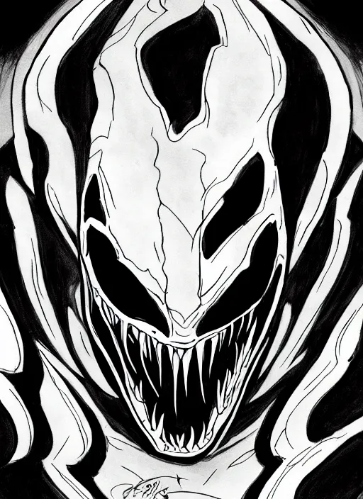 Image similar to symmetry concpet art, full shot, traditional ink, sketch, of venom, line sketch, intricate, elegant, highly detailed, monochrome, digital painting, artstation, concept art, sharp focus, illustration, art by borderlands 3 and peter polach