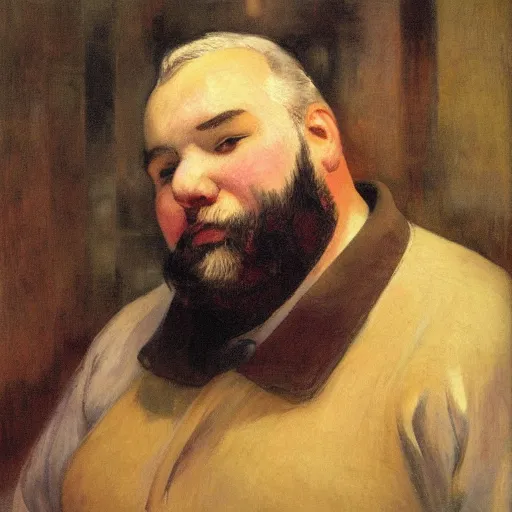 Image similar to portrait of a chubby bearded multi-ethnic young man, collared shirt, graying hair, glowing with silver light, painting by Franz Marc, by Jean-Léon Gérôme, by Winsor McCay, today's featured photograph, 16K