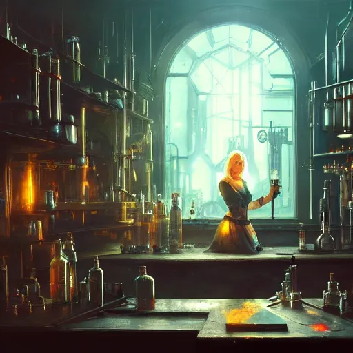 Image similar to cyberpunk alchemy laboratory full of potions, ciri from the witcher it's in the lab. by jeremy mann and alphonse mucha, photo realistic, dynamic lighting, windy, artstation, poster, dreamy, volumetric lighting, ethereal, 4 k, high detail