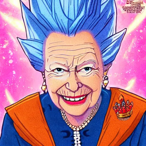 Image similar to Queen Elizabeth as a super saiyan