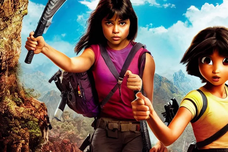 Image similar to Dora the Explorer (played by Isabela Merced) vs Lara Croft (played by Angelina Jolie), movie poster, film by James Bobin and Simon West