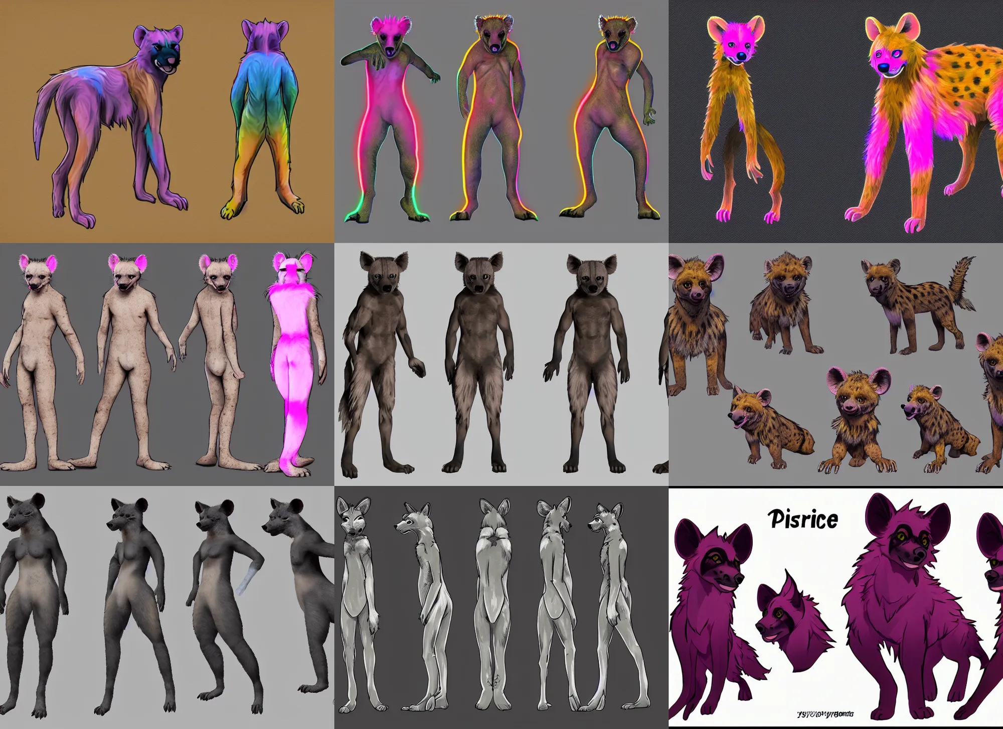 Prompt: three - perspective furry reference sheet ( front / back / side ), neon hyena fursona, high - resolution, trending on weasyl