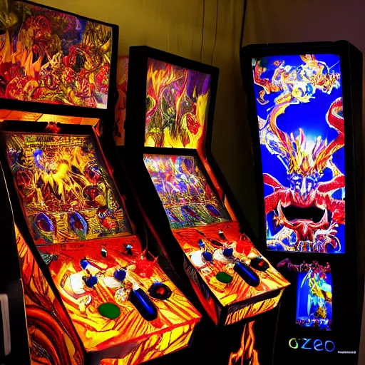 Image similar to satanic arcade filled with demonic arcade cabinets by spider zero, benoit b. mandelbrot, jeff koons, chihuly, trending on artstation # chihuly