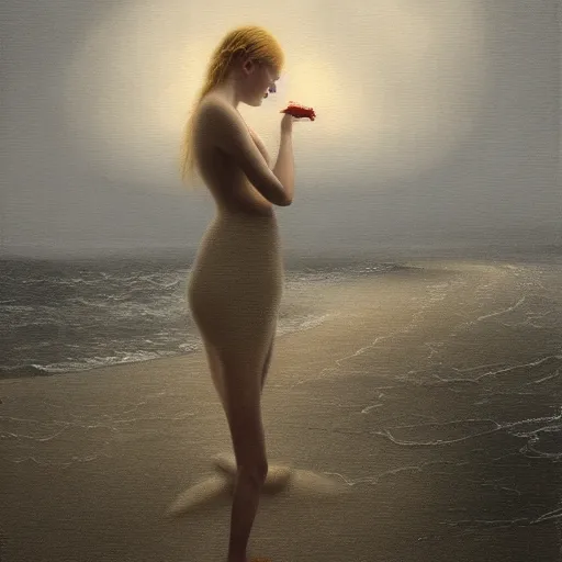 Image similar to Elle Fanning at night, stormy weather, beach, extremely detailed masterpiece, illustration, by Michael Sowa,