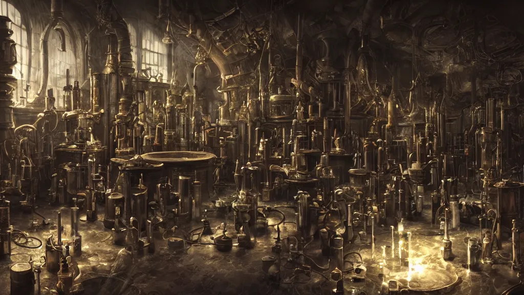 Image similar to dark wizards laboratory, ancient midevil, many tubes connecting many beakers, bronze steril feeling, realistic cinematic lighting, establishing action shot, ultra detailed, hyper realism, photo, octane render