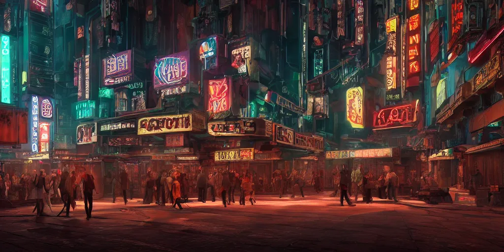 Image similar to Photorealistic cyberpunk theatre in crowded Charlottetown night. Hyperdetailed photorealism, UHD, amazing depth, glowing rich colors, golden ration, 3D octane cycle unreal engine 5, 3d shading, cinematic lighting, artstation concept art