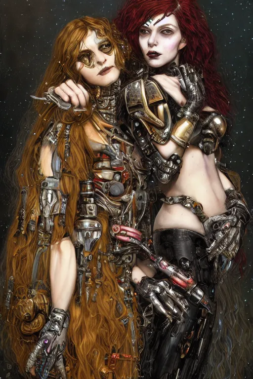 Image similar to portrait of two beautiful young gothic cyborg maidens, cyberpunk, Warhammer, kiss, highly detailed, artstation, illustration, art by Gustav Klimt