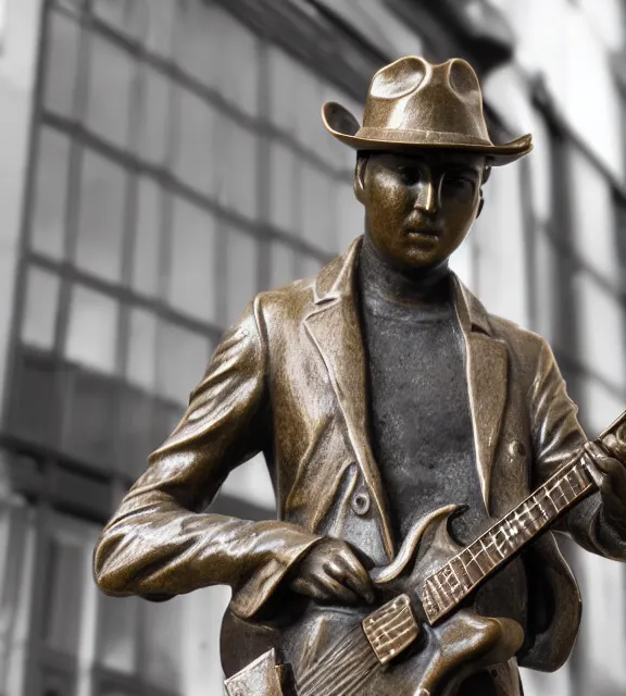 Image similar to a 4 k photorealistic photo medium shot of a bronze statue of a young man wearing a fedora holding a guitar.