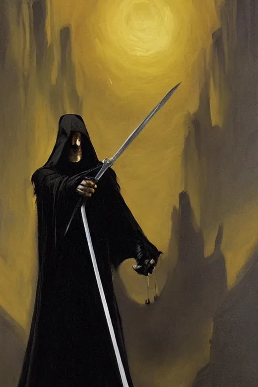 Image similar to a shady figure wearing a black robe and holding a sword vertically in front of its face, painting by brom