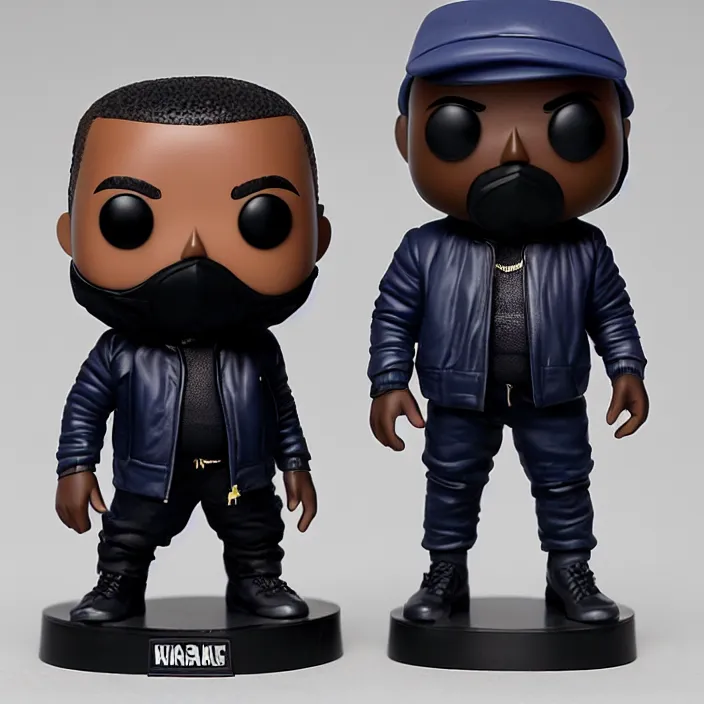 Image similar to a funko pop of kanye west using a full face covering black mask, a small, tight, undersized reflective bright blue round puffer jacket made of nylon, dark jeans pants and big black balenciaga rubber boots, figurine, detailed product photo