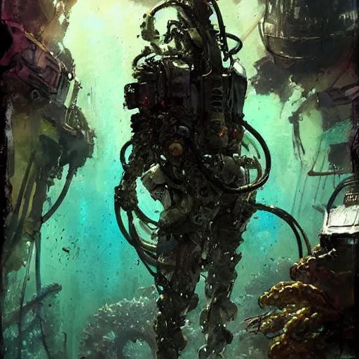 Prompt: diver in an alien aquarium, kelp, coral, solar rays, cyberpunk, realistic, detailed, Industrial Scifi, paint, watercolor, in the style of Ashley Wood and Wadim Kashin