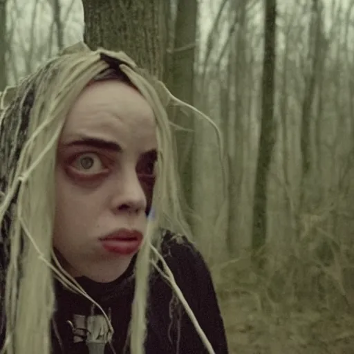 Prompt: found footage of Billie Eilish as the witch in The Blair Witch Project, movie still, horror