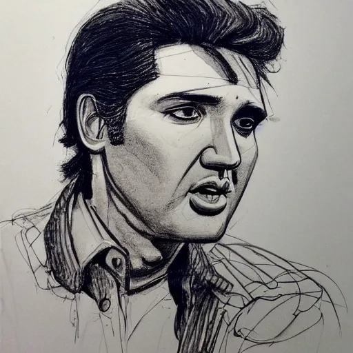 Image similar to a realistic yet scraggly portrait sketch of the side profile of a stern and sophisticated elvis presley, trending on artstation, intricate details, in the style of frank auerbach, in the style of sergio aragones, in the style of martin ansin, in the style of david aja, in the style of mattias adolfsson